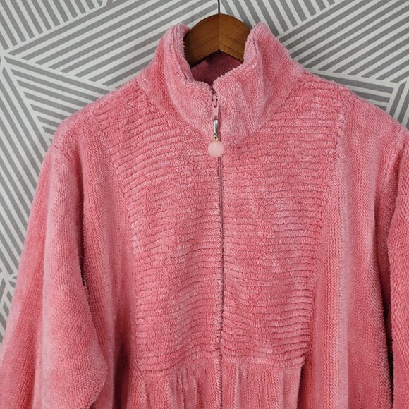 Vintage Chenille Robe House Coat Plus 1X Pockets Warm Winter Pink 1/2 Zip Long - Picture 3 of 7